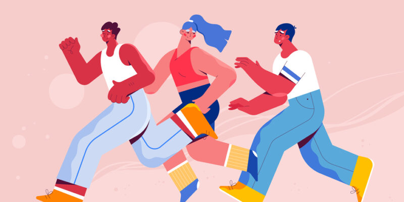 A guy and a girl are running. Sports competitions. Illustration of three young people running a marathon